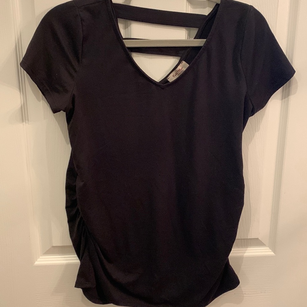 Full Moon Maternity black short sleeve top with cute back detail.